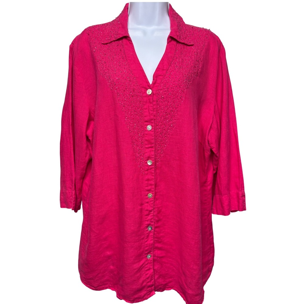 CHICO'S Hot Pink 100% Linen Beaded Button Down Tunic Blouse Sz 3/XL Coastal Chic